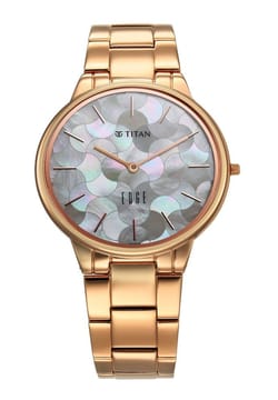 Titan ساعة تيتان إيدج كوارتز بميناء لؤلؤي وسوار ستانلس إستيل لون ذهبي وردي للنساء