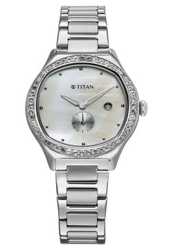 Titan ساعة تيتان جلامور كوارتز بميناء لؤلؤي وسوار ستانلس إستيل للنساء