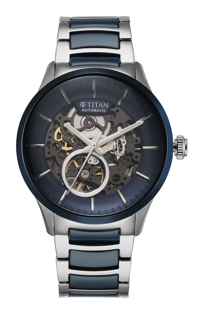 Titan Ceramic Fusion Automatic Blue Dial Silver Dual-Toned Stainless Steel Bracelet Watch for Men