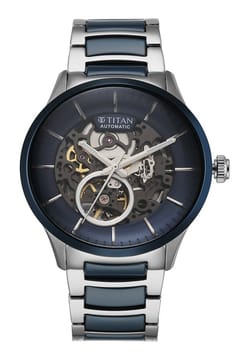 Titan Ceramic Fusion Automatic Blue Dial Silver Dual-Toned Stainless Steel Bracelet Watch for Men