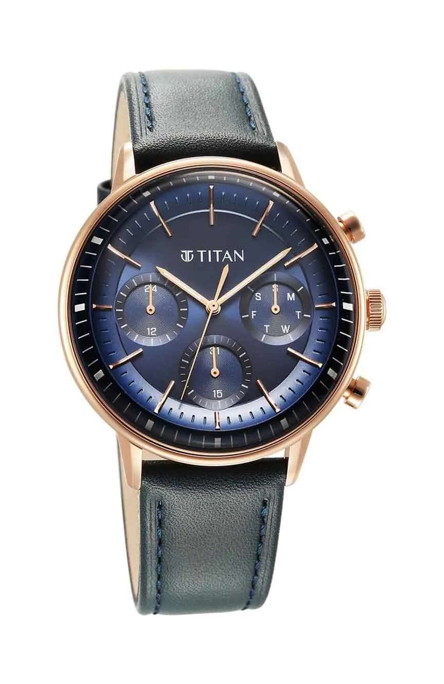 Titan Light Leathers Quartz Multifunction Blue Dial Stainless Steel Strap Watch for Men