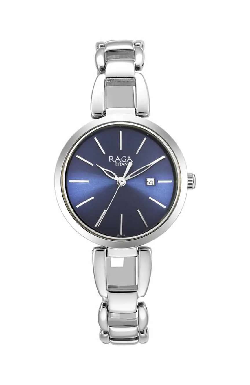 Titan Raga Viva Blue Dial Analog with Date Silver Metal Strap Watch for Women