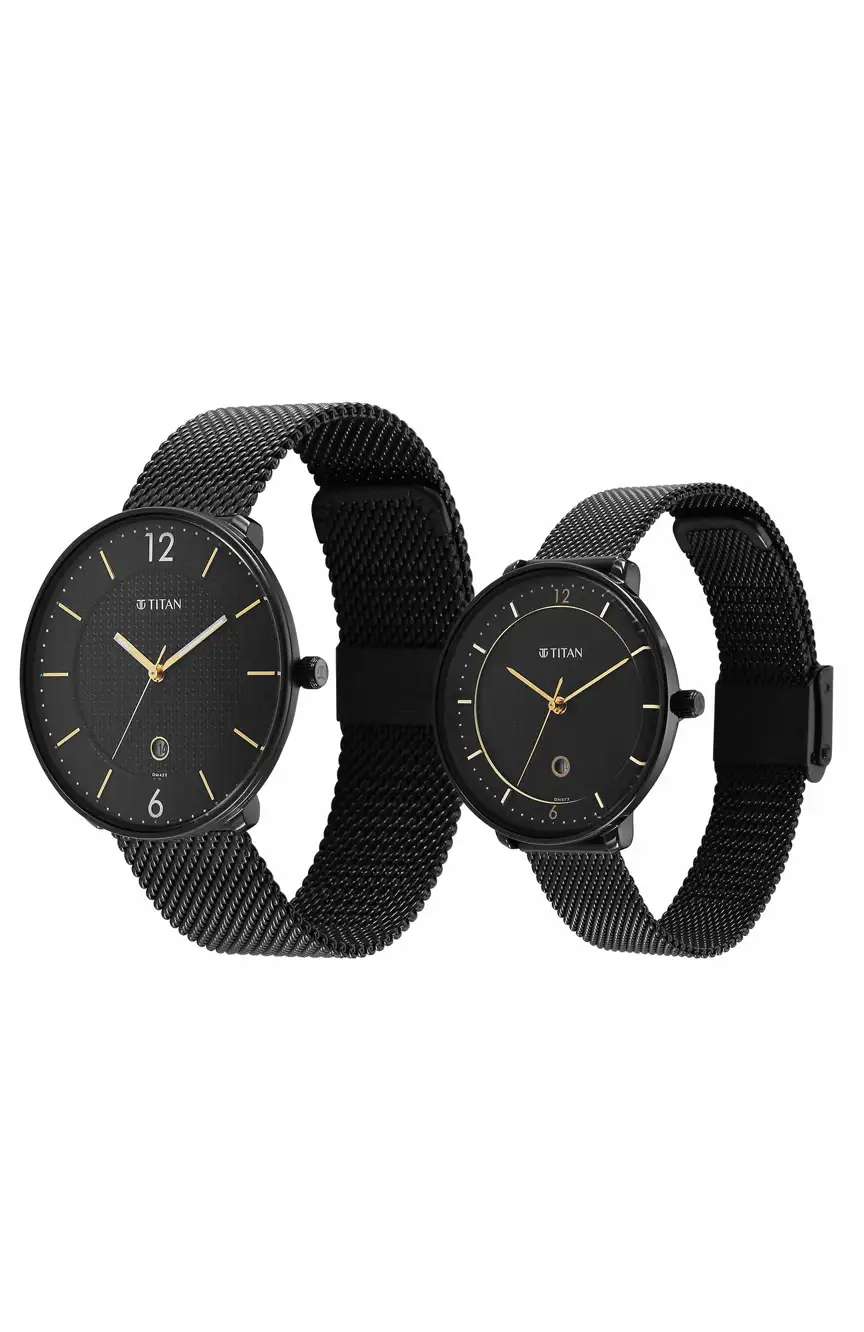 تيتان Bandhan Black Dial Analog with Date Stainless Steel Strap watch for Couple