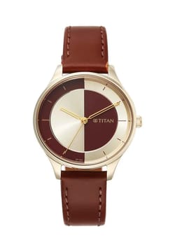 Titan ساعة تيتان يين آند يانج بميناء أحمر وسوار جلدي للنساء