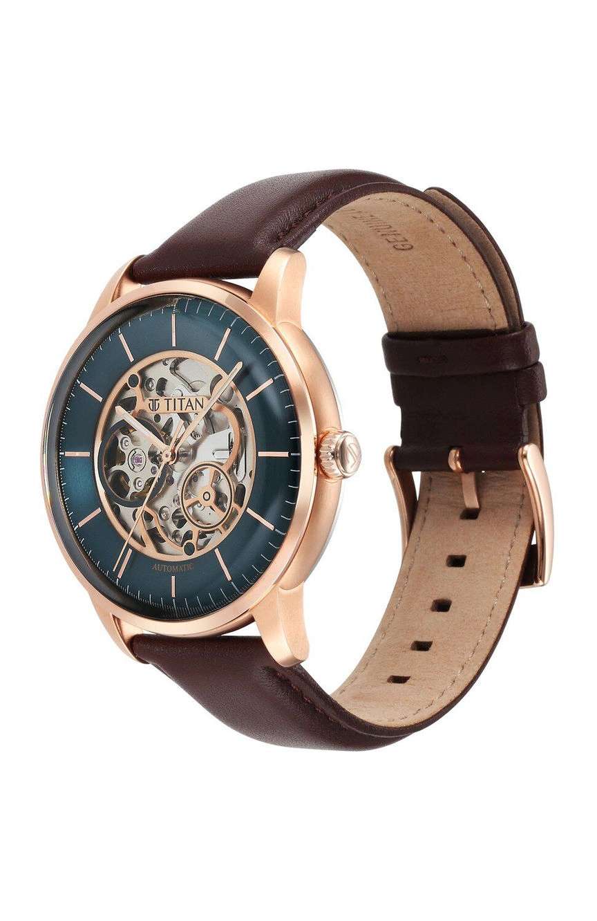 Titan Skeletal Automatic Blue Dial Brown Leather Strap Watch for Men
