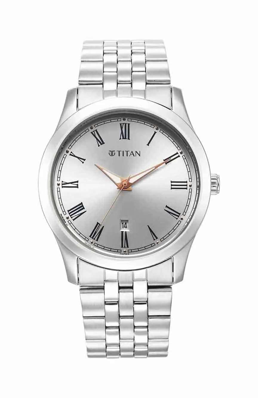 Titan Quartz Analog Silver White Dial Metal Strap Watch for Men