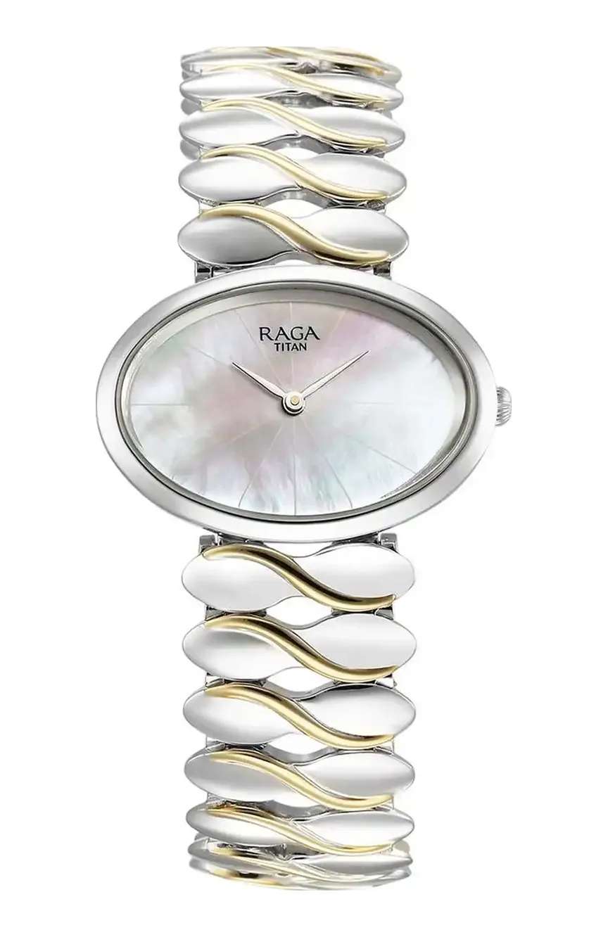 Titan Raga Silver Quartz Analog Mother Of Pearl Dial Sterling Silver Metal Strap And Case Watch For Women