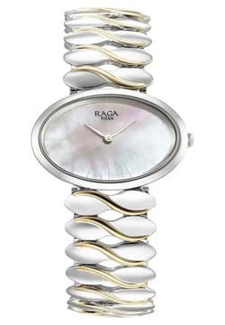 Titan Raga Silver Quartz Analog Mother Of Pearl Dial Sterling Silver Metal Strap And Case Watch For Women
