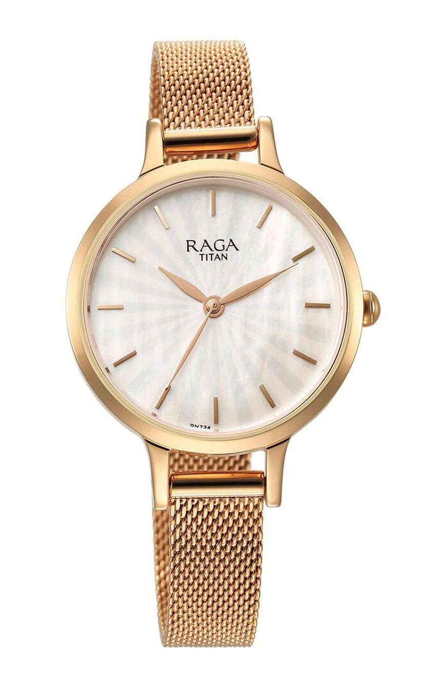 Titan Raga Power Pearls Quartz Analog Mother of Pearl Dial Rose Gold Metal Strap Watch For Women