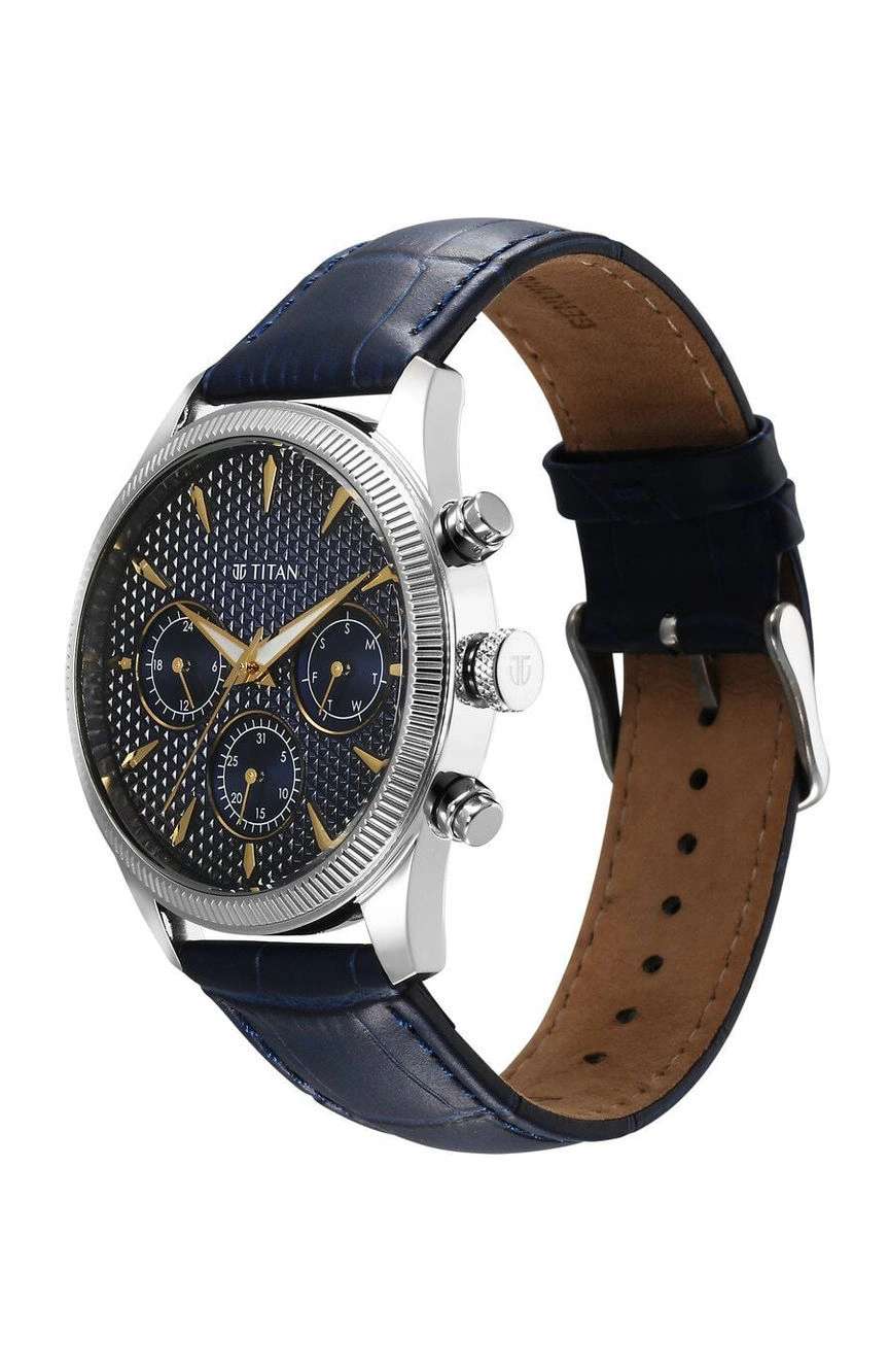 Titan Regalia Opulent Quartz Analog with Day and Date Blue Dial Blue Leather Strap Watch for Men