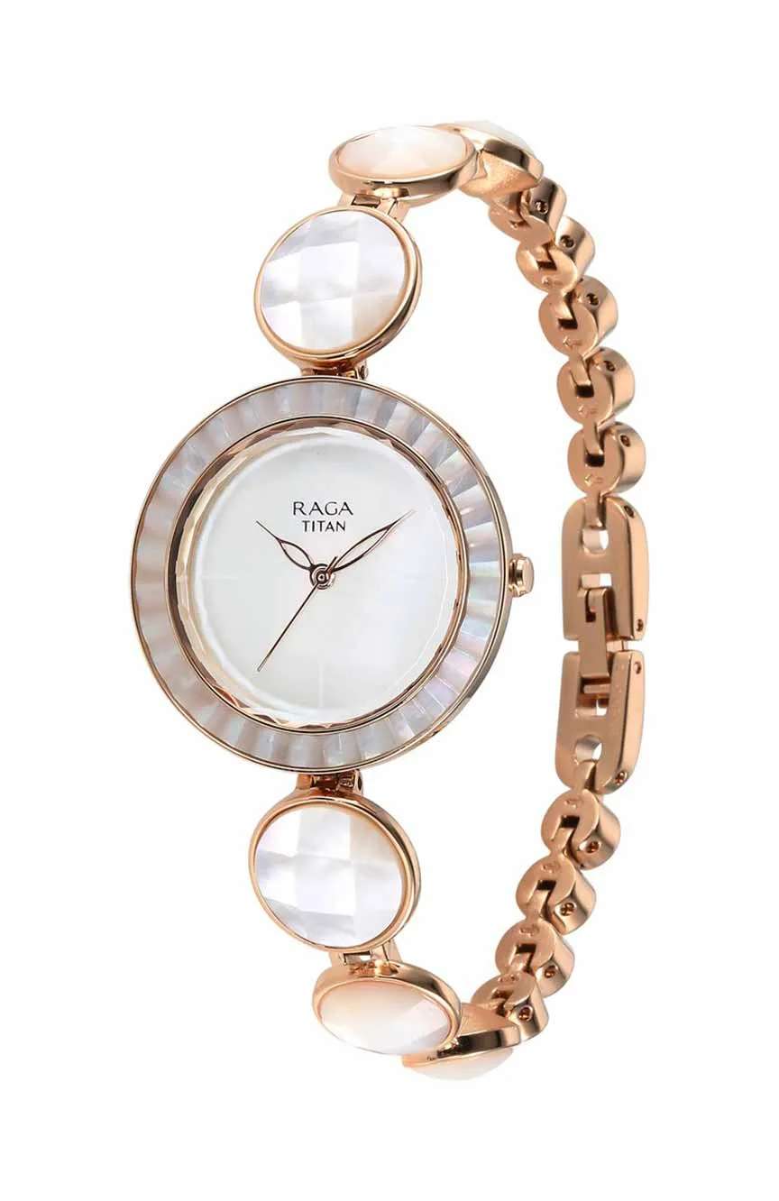 Titan Raga Power Pearls Quartz Analog Mother Of Pearl Dial faceted MOP Strap Watch for Women