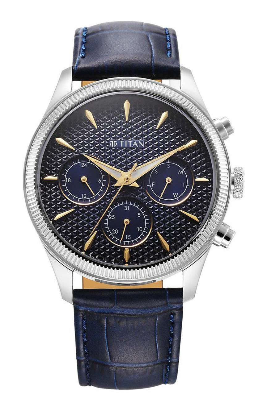Titan Regalia Opulent Quartz Analog with Day and Date Blue Dial Blue Leather Strap Watch for Men