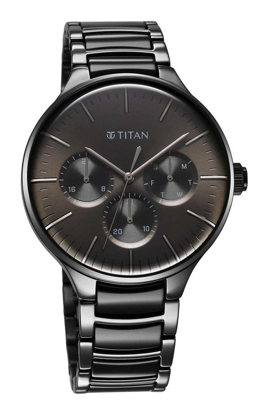 Titan Ceramic Fusion Multifunction Black Round Dial Two Toned Stainless Steel Strap Watch For Men