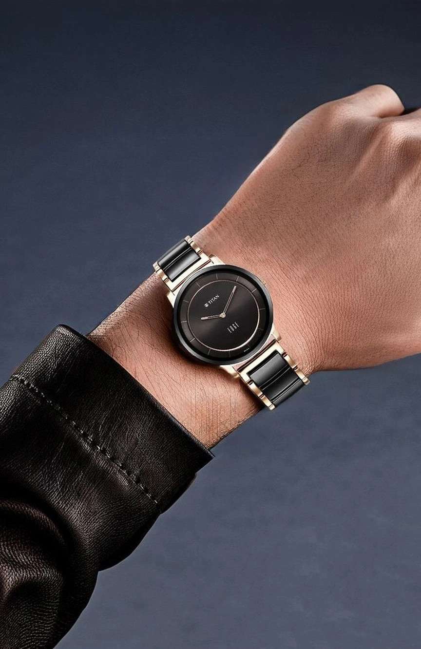 Titan Edge Fusion Quartz Analog Black Dial Black Steel & Ceramic Strap Watch for Men