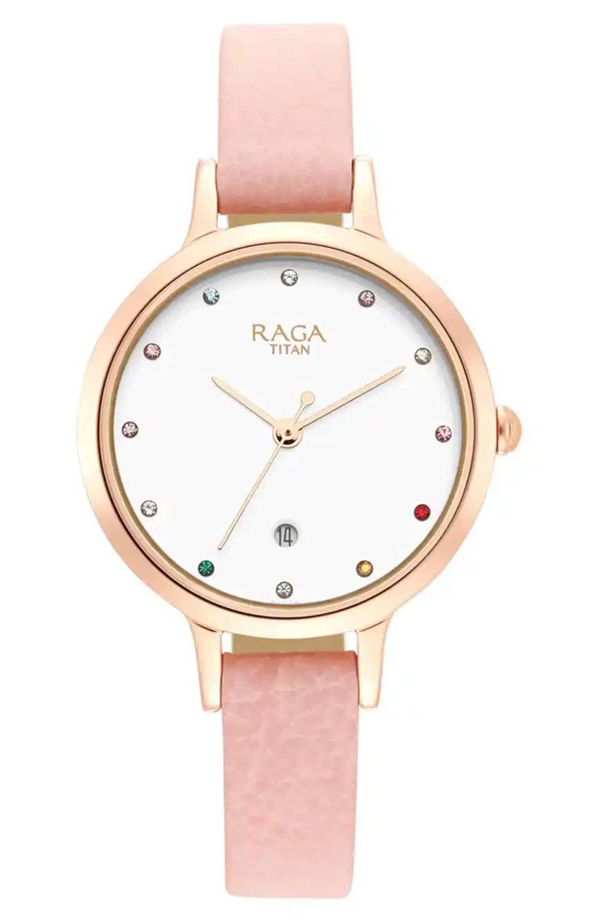 Titan Raga Viva Quartz Analog with Date White Dial Leather Strap Watch for Women