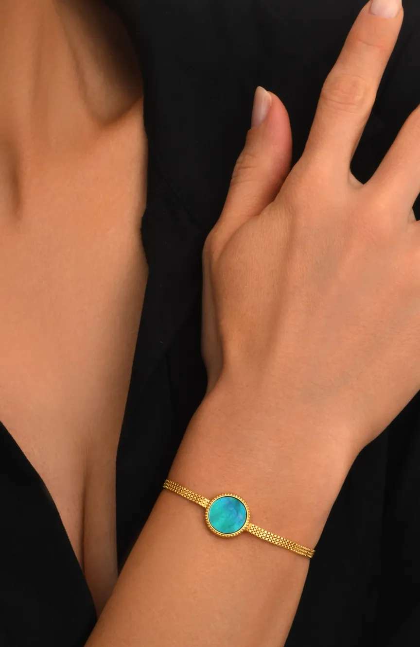 ستالايت Ashanti Bracelet In Round Mother-Of-Pearl And Flat Chain -Green Turquoise