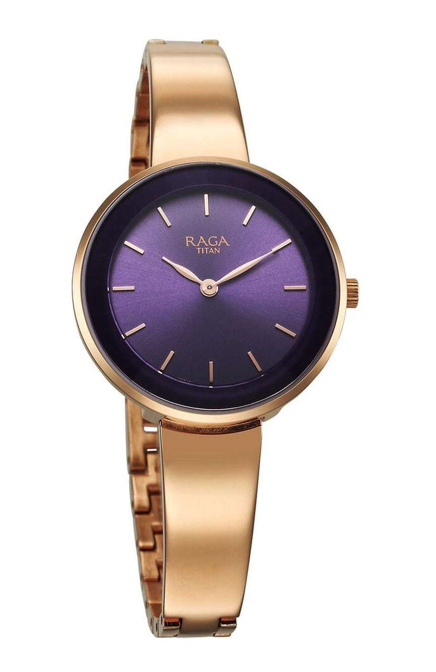 تيتان ساعة تيتان راجا شوستوبر كوارتز بميناء أرجواني وسوار معدني لون ذهبي وردي للنساء