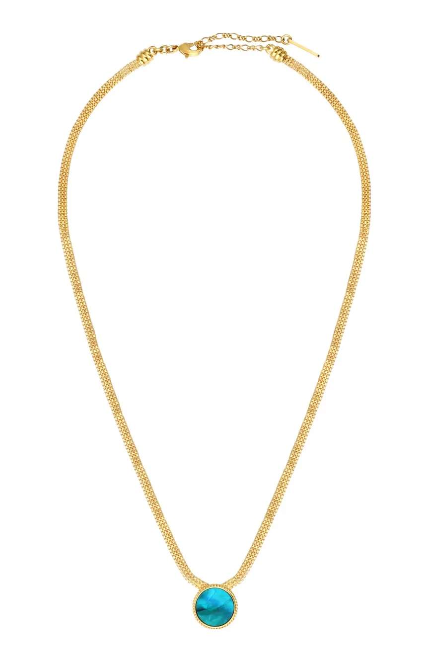 Satellite Ashanti Necklace In Flat Chain And Round Mother-Of-Pearl -Green Turquoise