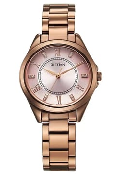 Titan Midnight Radiance Salmon Round Dial Brown Metal Strap Analog Watch for Women
