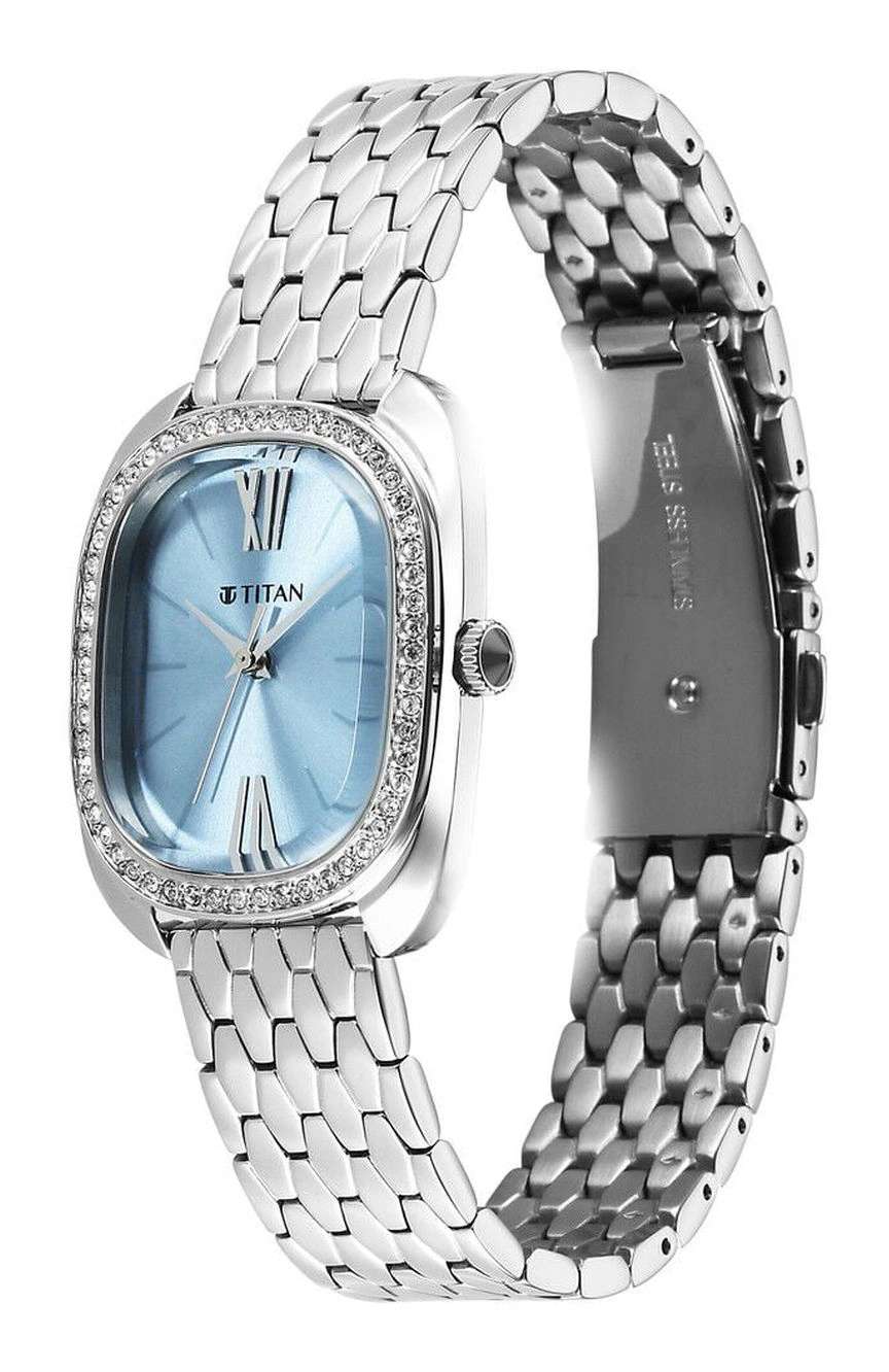 Titan Glamour Quartz Analog Blue Dial Silver Stainless Steel Strap Watch For Women