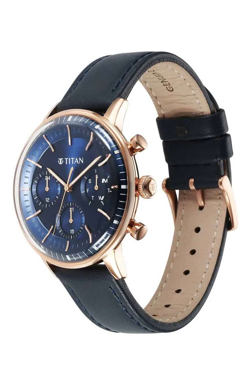 Titan Light Leathers Quartz Multifunction Blue Dial Stainless Steel Strap Watch for Men