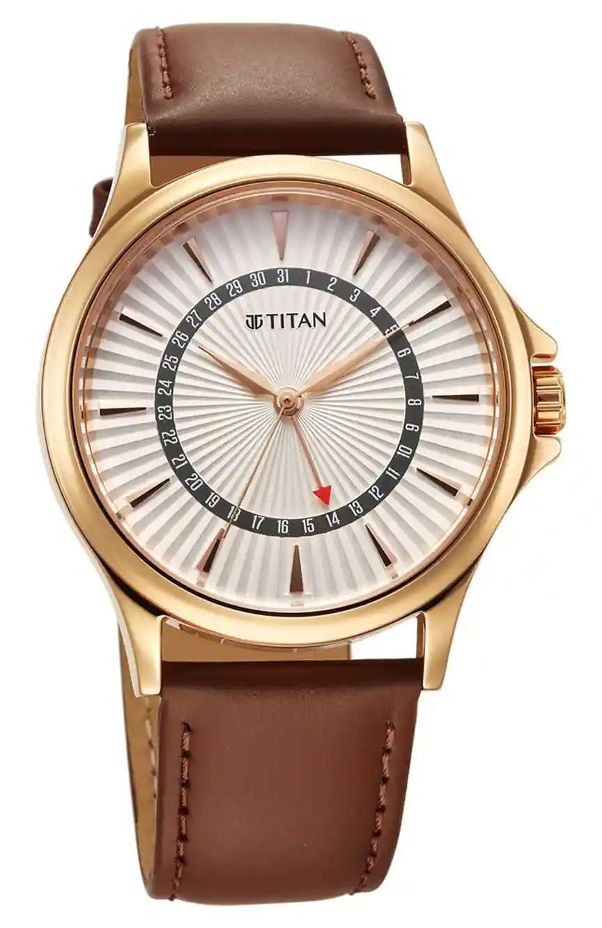Titan Karishma Quartz Analog with Date Silver Dial Leather Strap Watch For Men