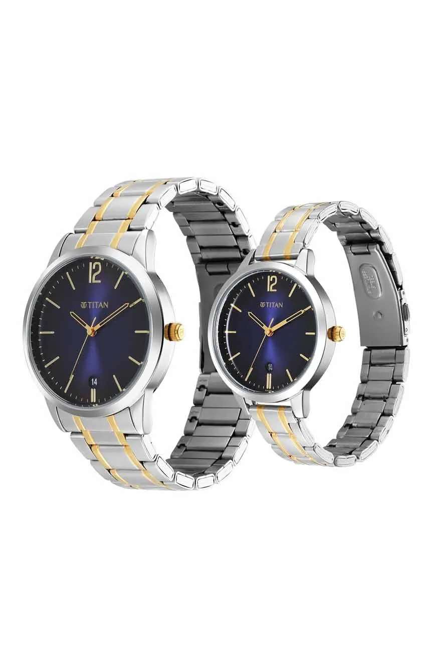 Titan Quartz Analog with Date Blue Dial Stainless Steel Strap Watch for Couple