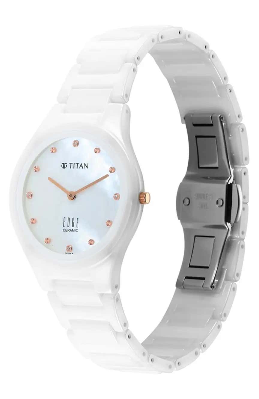 Titan Edge Ceramic Quartz in Arctic White with Diamonds and Rich Mother Of Pearl Dial Watch for Women