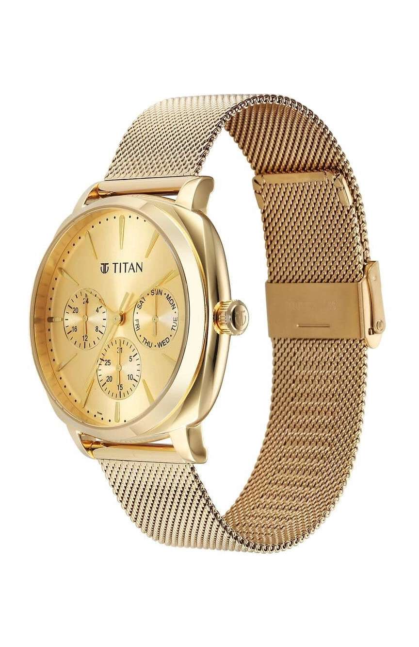 Titan Classique Suave Quartz Yellow Dial Golden Stainless Steel Mesh Strap Watch for Men