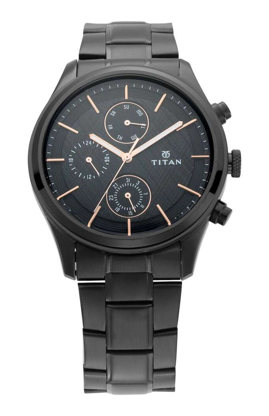 Titan Workwear Multifunction Black Round Dial Black Metal Strap Watch For Men