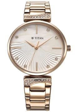 Titan Purple Style Up Quartz Analog Mother Of Pearl Dial Stainless Steel Strap Watch for Women