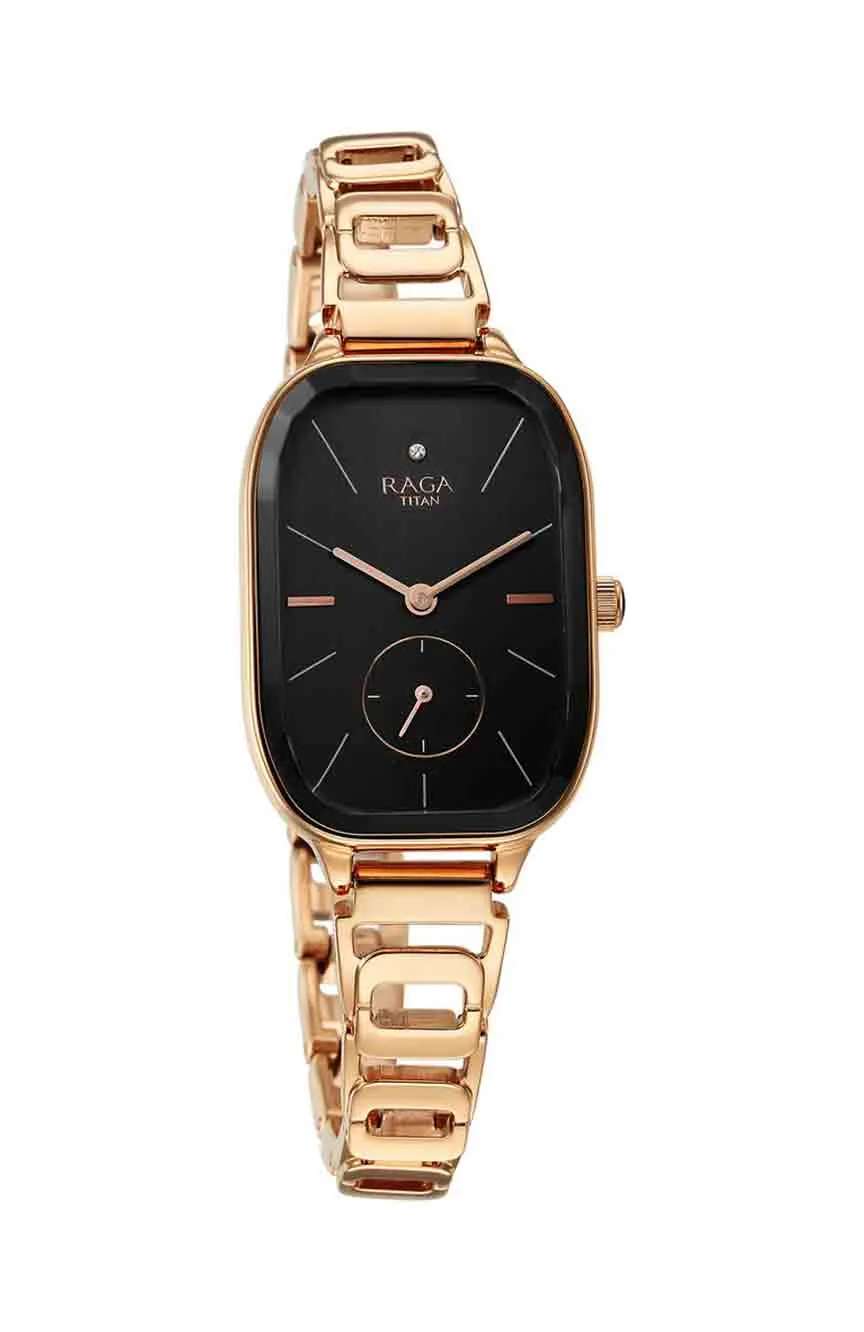 Titan Raga Chic Quartz Analog Black Dial Rose Gold Metal Strap Watch for Women