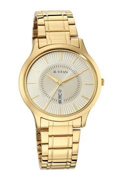 Titan Quartz Analog with Day and Date Yellow Dial Metal Strap Watch for Men