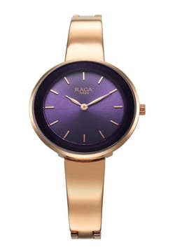 Titan ساعة تيتان راجا شوستوبر كوارتز بميناء أرجواني وسوار معدني لون ذهبي وردي للنساء