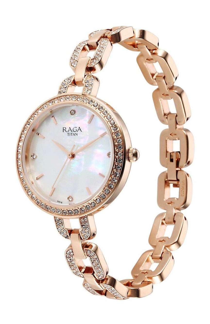 Titan Raga Showstopper Quartz Analog Mother Of Pearl Dial Rose Gold Metal Strap Watch For Women