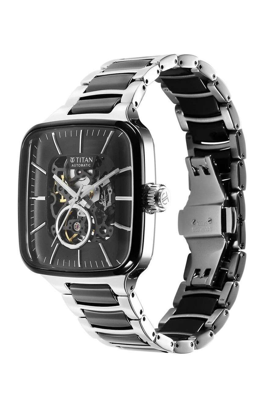 Titan Ceramic Fusion Automatic Square Black Dial Silver Dual-Toned Stainless Steel Bracelet Watch for Men