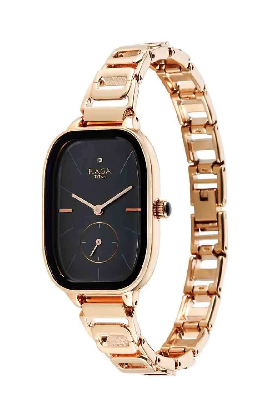 Titan Raga Chic Quartz Analog Black Dial Rose Gold Metal Strap Watch for Women