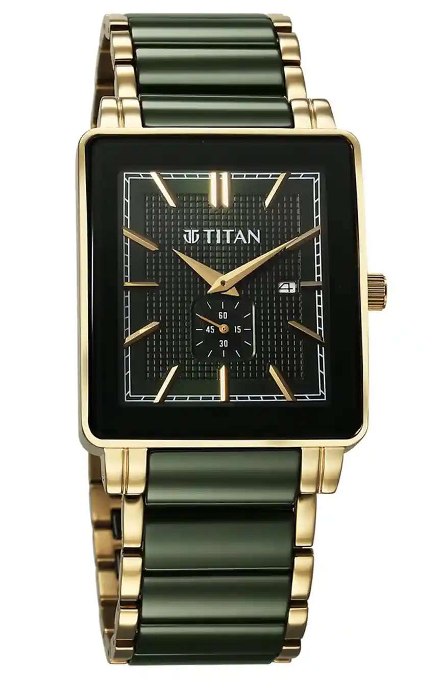 Titan Regalia Shaped Ceramic Quartz Analog with Date Green Dial Steel & Ceramic Strap Watch For Men