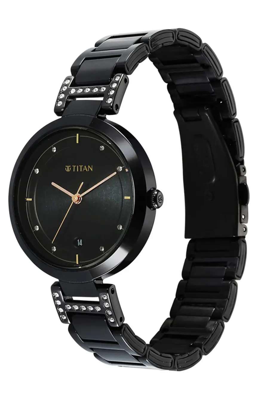 Titan Workwear Quartz Analog Black Dial Black Stainless Steel Strap Watch for Women