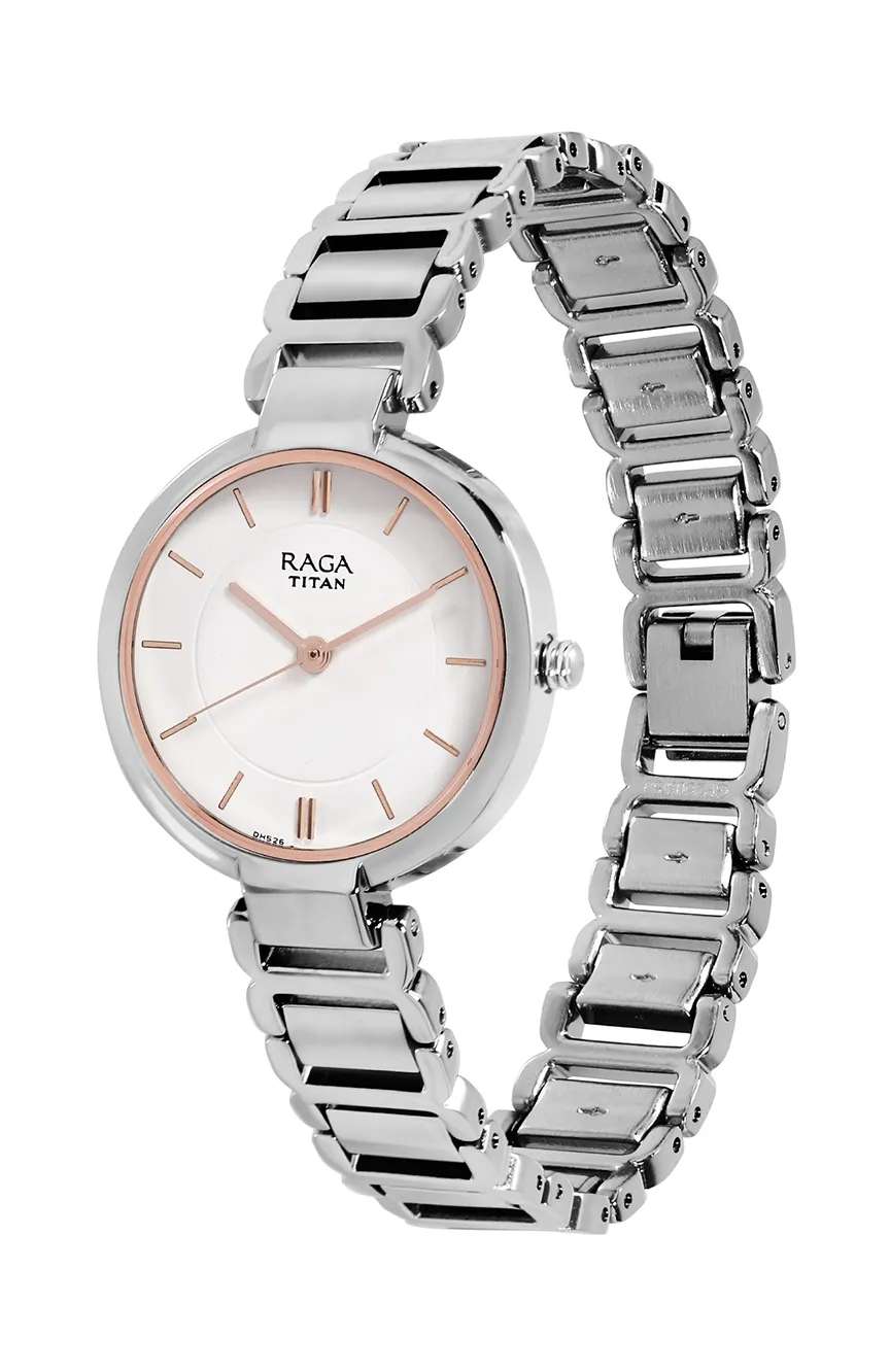 تيتان ساعة تيتان راجا فيفا بميناء أبيض وسوار معدني للنساء