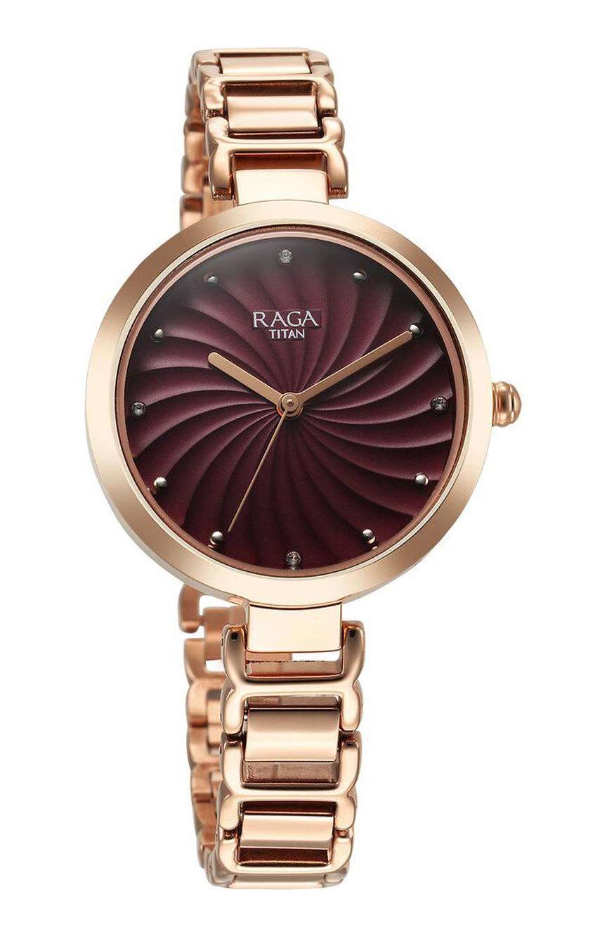 Titan Raga Memoirs Quartz Analog Burgundy Dial With Rose Gold Color Metal Strap Watch For Women