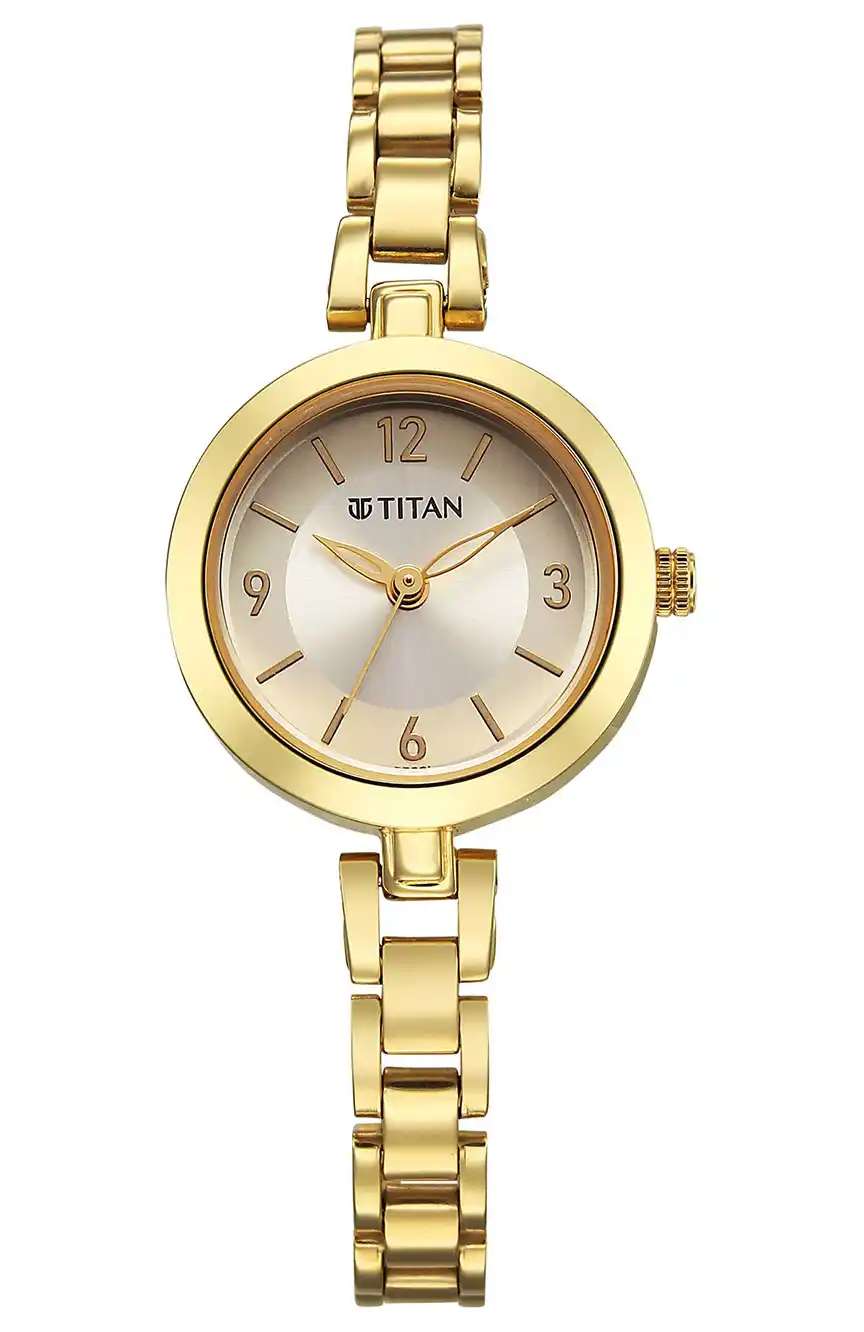 Titan Karishma Champagne Gold Round Dial Metal Strap Analog Watch for Women
