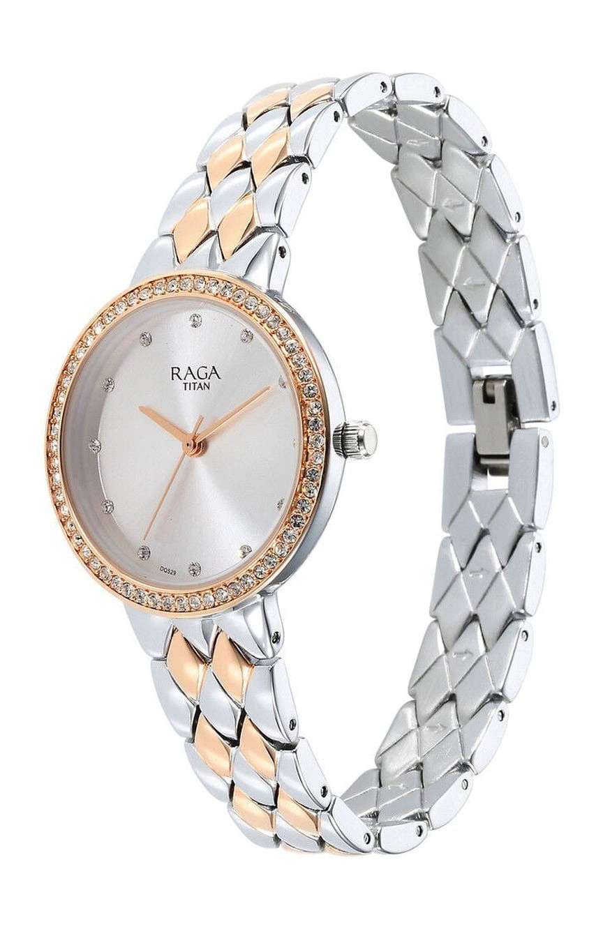 Titan Raga Showstopper Quartz Analog Silver Round Dial Two Toned Metal Strap Watch For Women