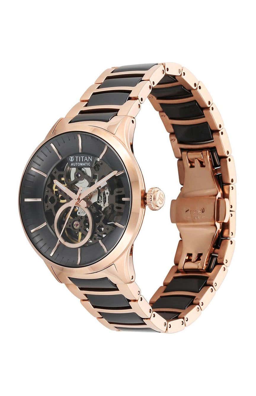 Titan Ceramic Fusion Automatic Black Dial Rose Gold Dual-Toned Stainless Steel Bracelet Watch for Men