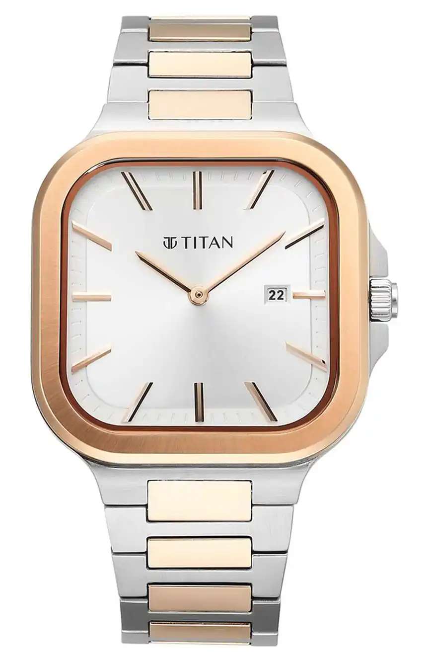 Titan Classique Slim Square Quartz Analog with Date Silver Dial Stainless Steel Strap Watch for Men