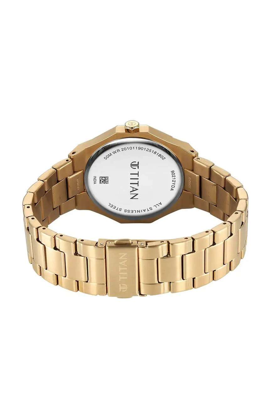 تيتان ساعة تيتان ريجاليا دوديكاجون كوارتز بنافذة لعرض التاريخ بميناء أسود وسوار ستانلس إستيل ذهبي للرجال