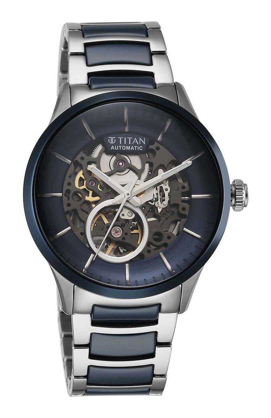 Titan Ceramic Fusion Automatic Blue Dial Silver Dual-Toned Stainless Steel Bracelet Watch for Men