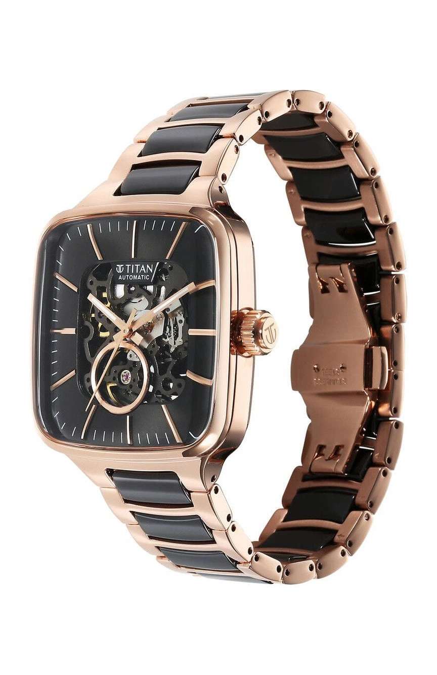Titan Ceramic Fusion Automatic Square Black Dial Silver Dual-Toned Stainless Steel Bracelet Watch for Men