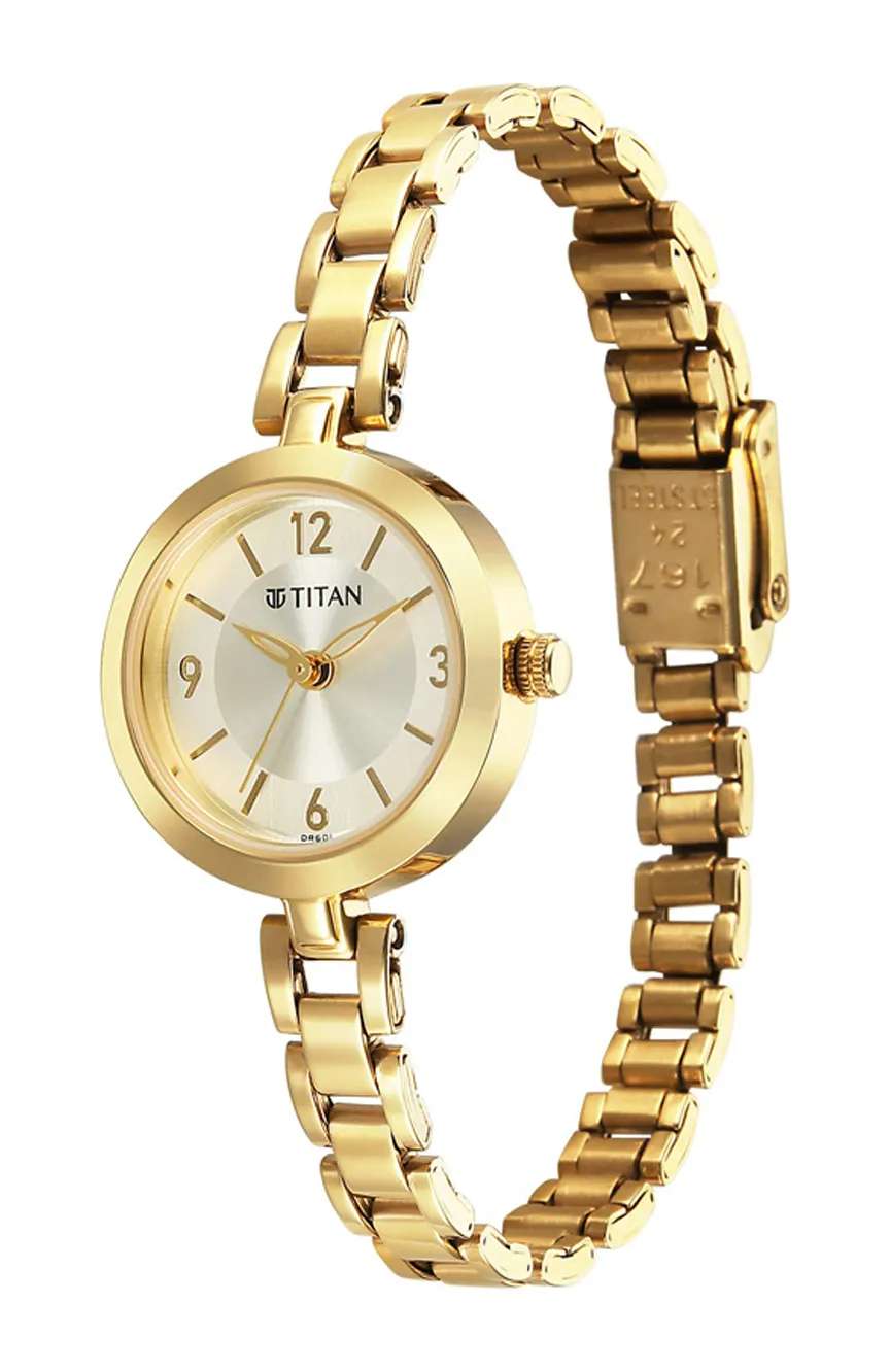 Titan Karishma Champagne Gold Round Dial Metal Strap Analog Watch for Women