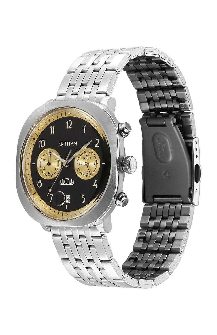 Titan Timeless Treasures Quartz Analog Dual Time Black Dial With Silver Color Stainless Steel Strap Watch For Men